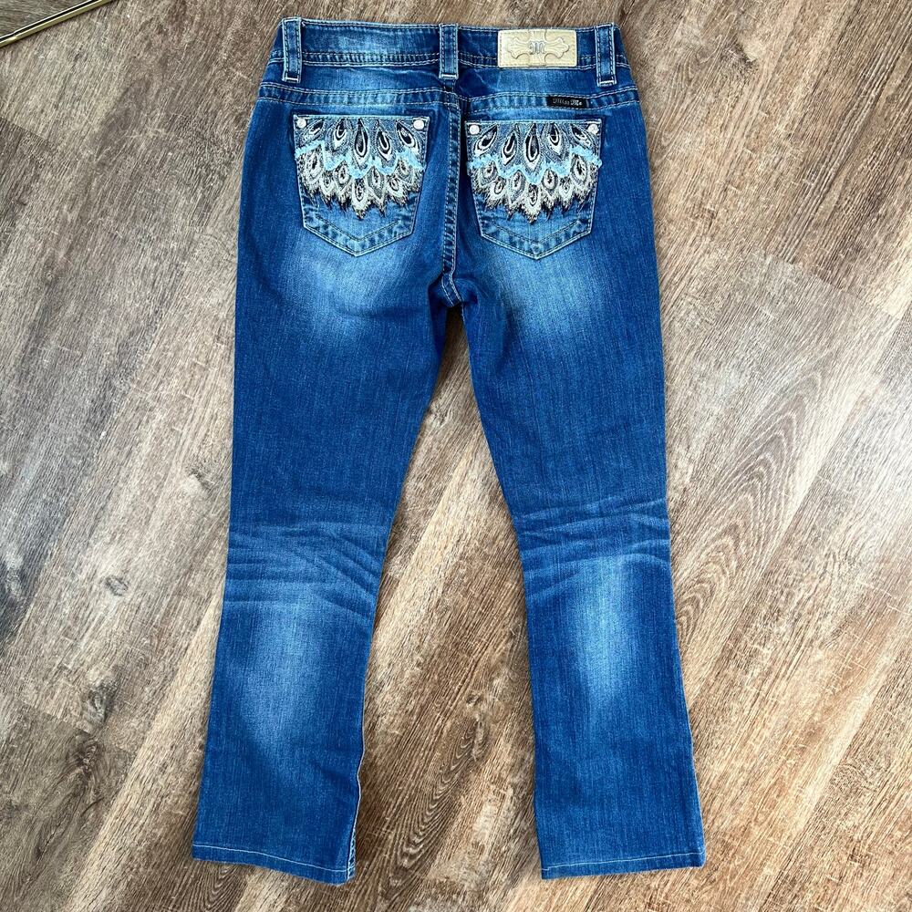 Miss Me Jeans Bootcut Medium Wash Jeweled Pockets Embroidered Gold Flowers - Picture 3 of 8